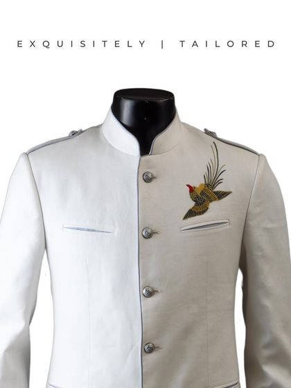 This two-tone bandhgala with a single embroidered bird on the pocket is a playful yet elegant piece. It’s for the man who enjoys a touch of retro class in his wardrobe.