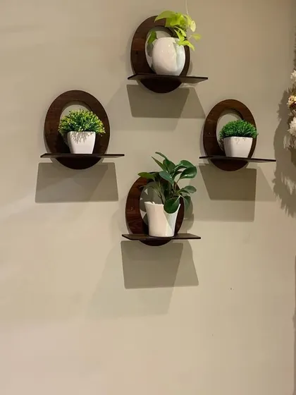 These modern, circular wall shelves are a stylish way to display small potted plants. They add a decorative touch to the wall next to the entrance, creating a warm and inviting first impression.
