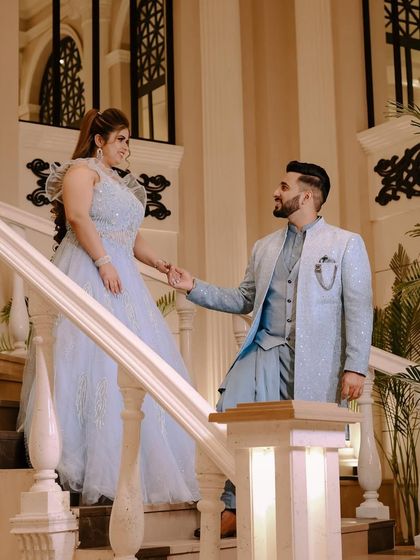 A fairytale moment on the grand staircase for Kushank and Sparsh's engagement.