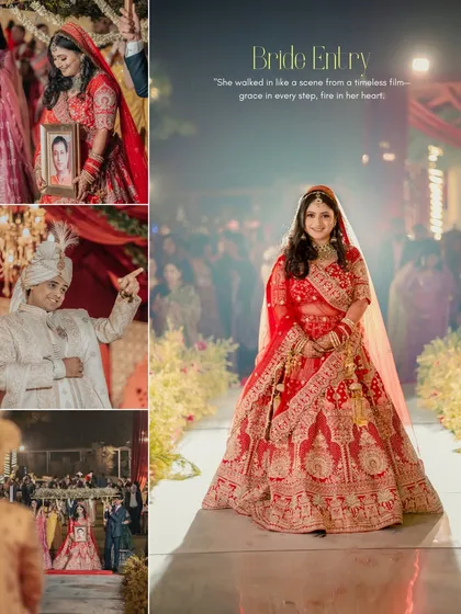 A wedding is a story of many emotions. This collage captures one of the most touching moments: a bride's grand entry, holding a portrait of her late father. It’s these deeply personal and emotional narratives that we are honored to document.
