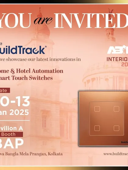 The official invitation card for our booth at ABID Interiors 2025 in Kolkata, showcasing our latest innovations in home and hotel automation.