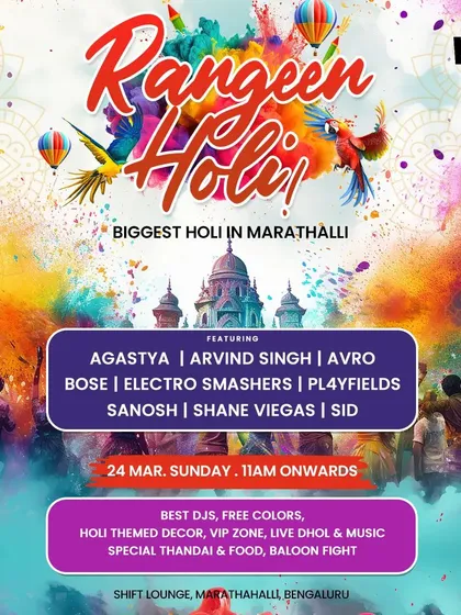 Another 'Rangeen Holi' flyer, showcasing my participation in one of Marathahalli's biggest Holi events.
