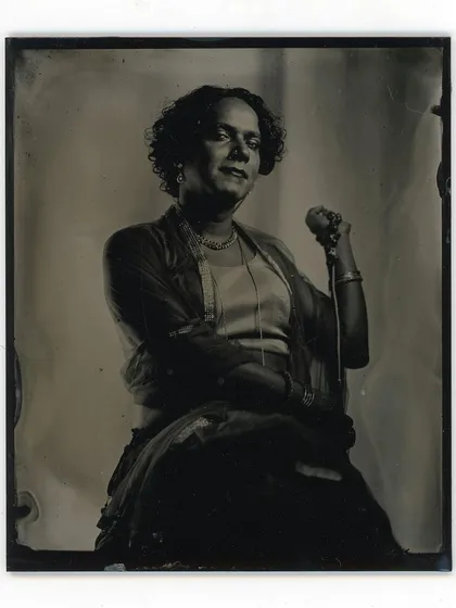 A stunning wet plate collodion portrait of a trans woman, capturing her grace and strength. Each plate is a one-of-a-kind object, making these portrait sessions a truly special experience.
