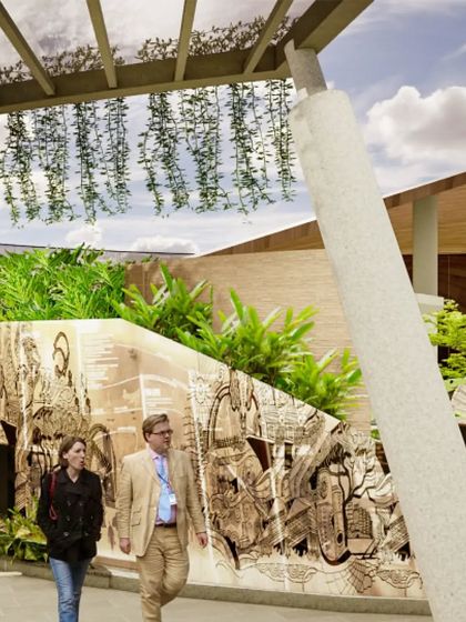 Concept sketches for the entrance of the CIAL shopping mall, showing the idea for a large, boat-shaped history wall and an accompanying water feature. These initial drawings establish the core thematic elements of the design.