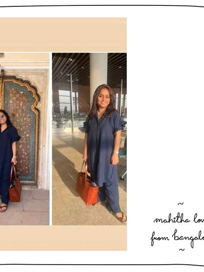 Tanwistha from Bangalore styling her Mahitha tote in Cinnamon. It's a fantastic work and travel bag, shown here on two different occasions.