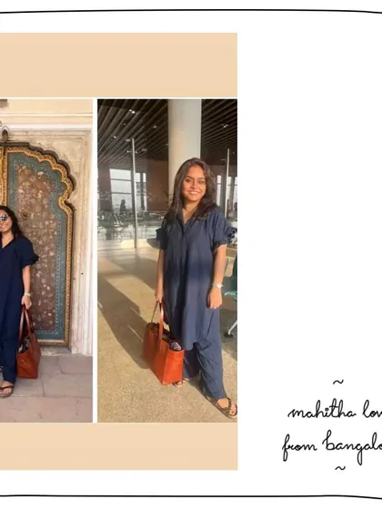 Tanwistha from Bangalore styling her Mahitha tote in Cinnamon. It's a fantastic work and travel bag, shown here on two different occasions.