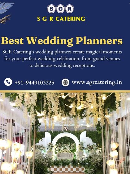 A modern and chic wedding stage with hanging white floral installations and soft lighting. We create magical moments by transforming grand venues into personalized celebration spaces.