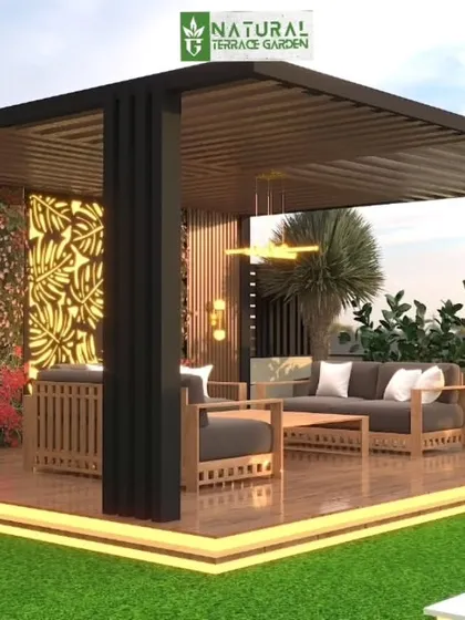 A proposed pergola design featuring a beautiful backlit floral jaali panel, creating a stunning visual centerpiece.