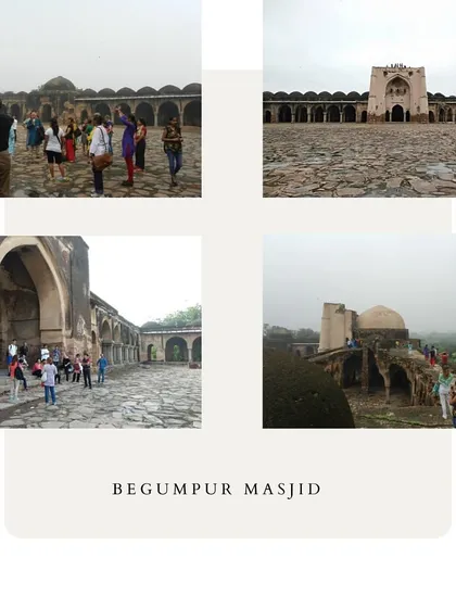 A collage showing the impressive scale of Begumpur Masjid, the grand congregational mosque of Jahanpanah. Its massive courtyard and numerous domes speak to the city's intended splendor.