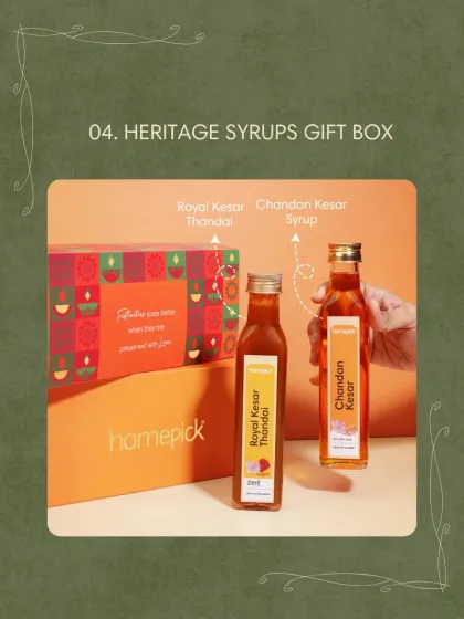 The Heritage Syrups Gift Box offers a taste of royal Indian beverages. It contains our Royal Kesar Thandai and Chandan Kesar Syrup, perfect for creating refreshing drinks.