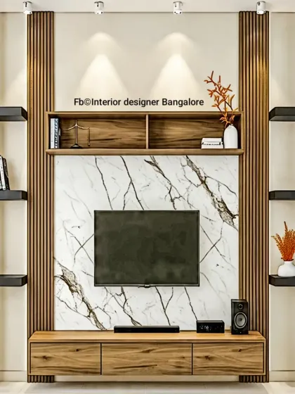 This modern entertainment unit combines a rich wood-grain finish with a striking white marble back panel. The design includes a floating console, vertical wood slats, and asymmetrical shelving, demonstrating how I blend different materials to create a focal point in your living room.