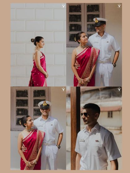 A collage of portraits from a court wedding in Mumbai. The images capture the couple in their elegant attire against the simple, classic architecture of the location.