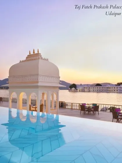 The infinity pool at Taj Fateh Prakash Palace, Udaipur, overlooking the lake. This heritage property offers one of the most stunning views in the city.
