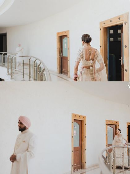 A first look captured from a distance in a minimalist white corridor. The architectural lines and the sense of space build the anticipation as the bride walks towards the groom.