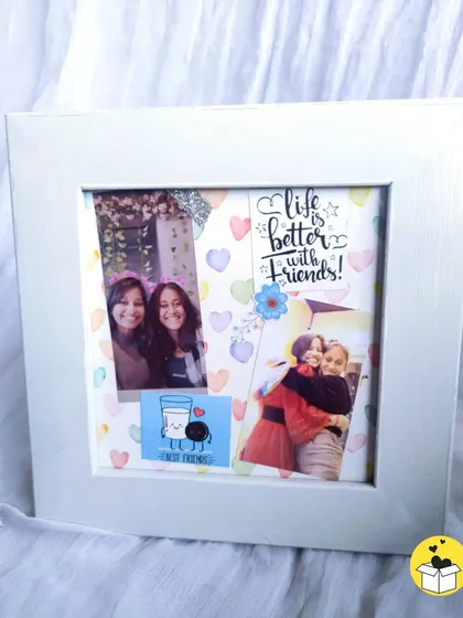 This 5x5 inch square frame is a custom layout for a best friend, with photos, heart-themed paper, and the quote "Life is better with friends!"