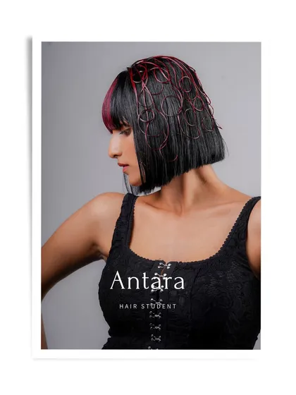 A professional portfolio shot of hair student Antara's creative bob, showcasing her unique style.