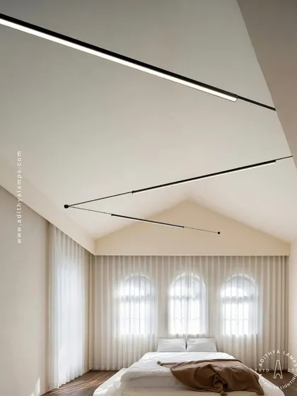 In this serene bedroom, the Braided Tape Series is used to create a clean, linear light fixture suspended over the bed. It provides gentle, ambient light that enhances the room's peaceful and modern aesthetic.
