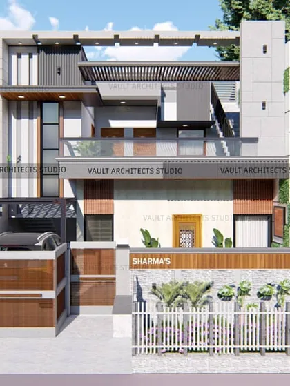 Here is the 3D elevation design for a residential project in Vaishali, based on a modern architectural theme. The design incorporates a cantilevered upper floor, a mix of wood and stone textures, and a vertical green wall element.