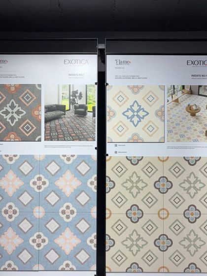 A display of our 'Exotica' tile series. These patterned tiles are perfect for adding a touch of Moroccan or Spanish style to floors, kitchens, or bathrooms.