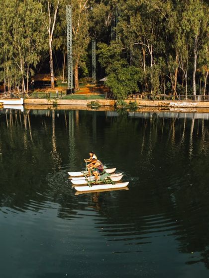 A group enjoys a ride on the water cycles, a fun and unique way to experience the lake.