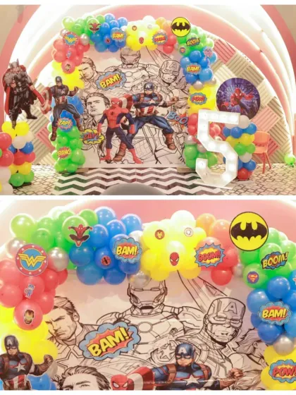 A superhero headquarters right here at our play arena! This awesome Marvel-themed backdrop features comic book art and colorful balloons, perfect for an action-packed party.