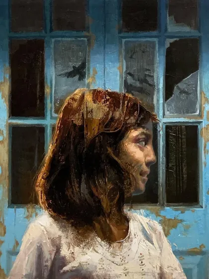 Liberation," an oil on linen painting. The girl looking towards a window with flying birds symbolizes the yearning for freedom and hope, even when constrained by circumstance.