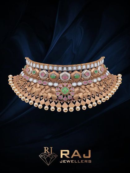 A stunning example of a multi-layered choker from our Revaj collection. The design combines floral motifs, geometric patterns, and rows of gold beads, all in a soft palette of pink, green, and white stones for a sophisticated bridal look.