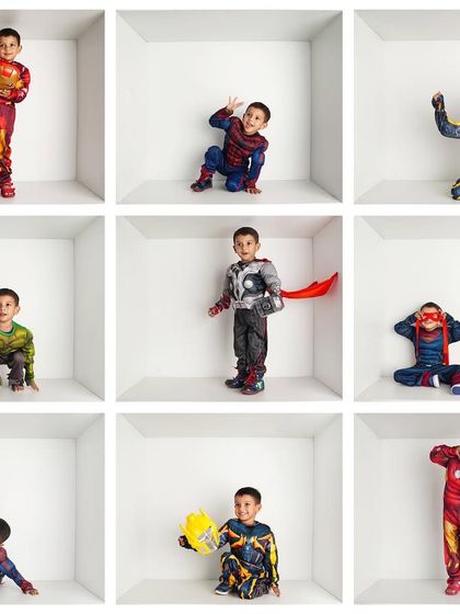 A super fun Avengers-themed family box shoot! The little boy dresses up as all his favorite heroes like Iron Man, Spider-Man, and Thor.