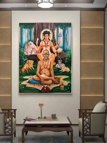 This is a digital mockup showing how the Swami Samarth and Dattaguru painting can look as a centerpiece in a home's prayer or living area. Its large size and spiritual theme make it a powerful focal point.