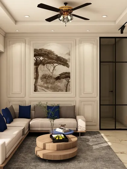 A wider view of the living room, illustrating how the L-shaped sofa optimizes seating and how the glass partition subtly separates the space without sacrificing the open feel.