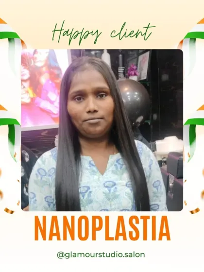 A happy client showing off her new sleek hair after a Nanoplastia treatment. The smoothness and straightness are locked in for months.