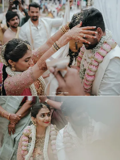 A collage of the 'talambralu' ritual, where the bride and groom shower each other with rice, a moment of blessing and fun.