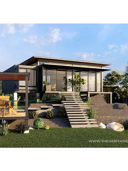 A render of a home designed to work with the natural landscape. The structure is built around a large rock formation, with steps leading up to an elevated deck, showing how I adapt my designs to the unique features of your land.