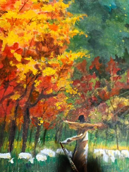 A detailed shot of my award-winning painting, focusing on the figure and the vibrant autumn colors.