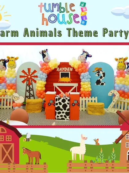 A full view of the Barnyard theme setup. The red barn backdrop, animal-print details, and rustic hay bales create an immersive and picture-perfect farm experience.
