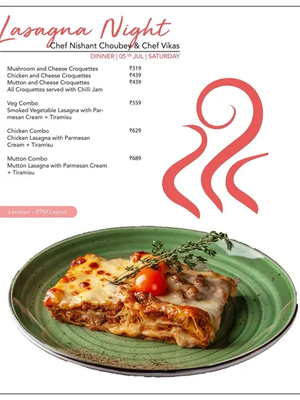 Indulge in our special Lasagna Night, a true comfort food classic made with love. This dish features layers of rich meat or vegetable sauce, creamy béchamel, and perfectly melted cheese, served as a hearty meal that’s perfect for a cozy night in.