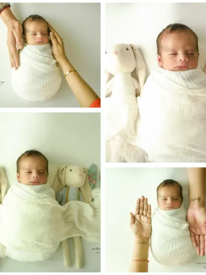 This collage showcases several poses from a single newborn session. It demonstrates the variety of shots we can achieve, from solo portraits with props to close-ups with parents' hands.