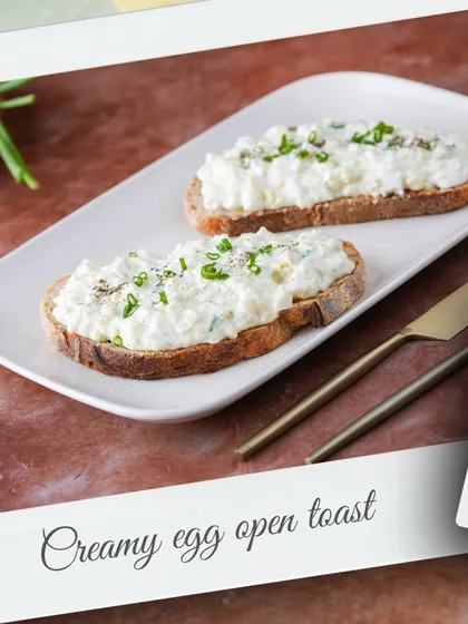 A simple yet elegant start to your meal. Our creamy egg open toast on sourdough bread is a light, protein-packed option for breakfast or a snack.