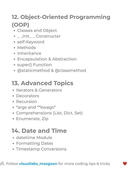 The final part of the cheatsheet covers Object-Oriented Programming (OOP) and other advanced topics like iterators, decorators, and the datetime module.