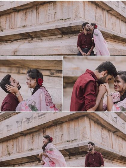 A collage of a couple's vintage-themed pre-wedding shoot, capturing their romantic interactions in a rustic setting.