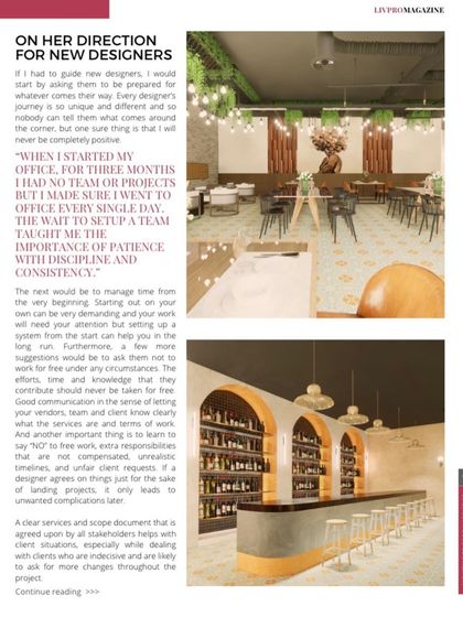 This page from the magazine shares my direction for new designers. I talk about the lessons I learned when I first started my office and the need for good communication and clear project scopes.