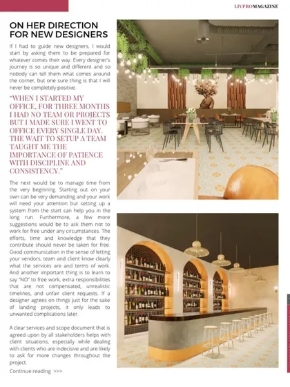 This page from the magazine shares my direction for new designers. I talk about the lessons I learned when I first started my office and the need for good communication and clear project scopes.