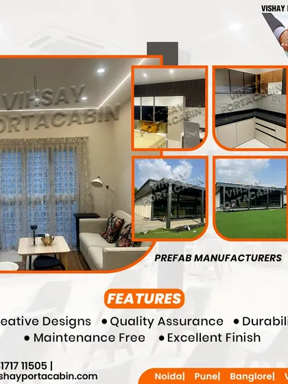 We are prefab manufacturers who focus on creative designs and quality. This collage shows our well-finished interiors and large-scale commercial prefab structures, highlighting our commitment to durability and excellent finish.