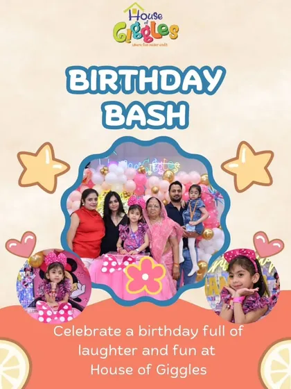This graphic celebrates a birthday bash full of laughter and fun. It showcases a happy family celebrating their little one's special day, surrounded by friends and festive decorations.