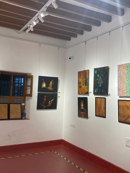 Glimpses from a group art exhibition at IIWC India, showing a variety of my works on display.