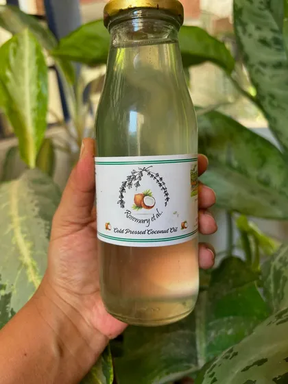 A bottle of my wonderfully fragrant, cold-pressed coconut oil. The coconuts are grown without any chemicals on our Uttam Sagar Estate, making the oil pure and full of natural flavor.