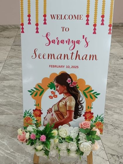 A personalized welcome sign for a traditional South Indian baby shower, known as Seemantham.