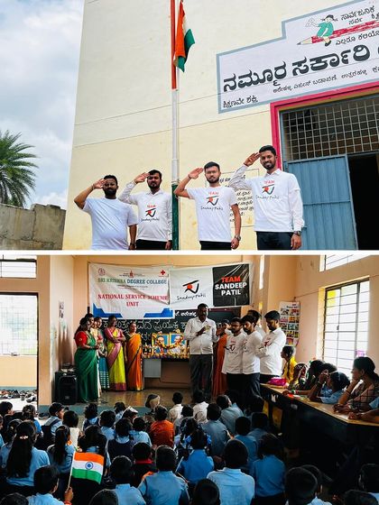 Team Sandeep Patil saluting the flag at Govt Higher Primary School, Arehalli. We lead by example, showing our respect for the nation and its symbols.