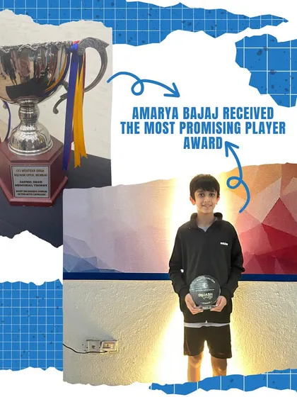 Amarya Bajaj receiving the 'Most Promising Player' award at the 78th CCI Western India Slam 2023. We are proud to nurture future stars.
