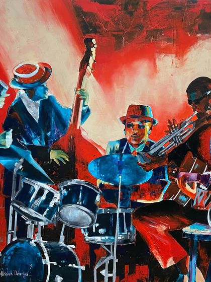 A close-up of the 'Jazz and Blues' painting. You can see the individual musicians lost in their performance, from the singer to the saxophonist.